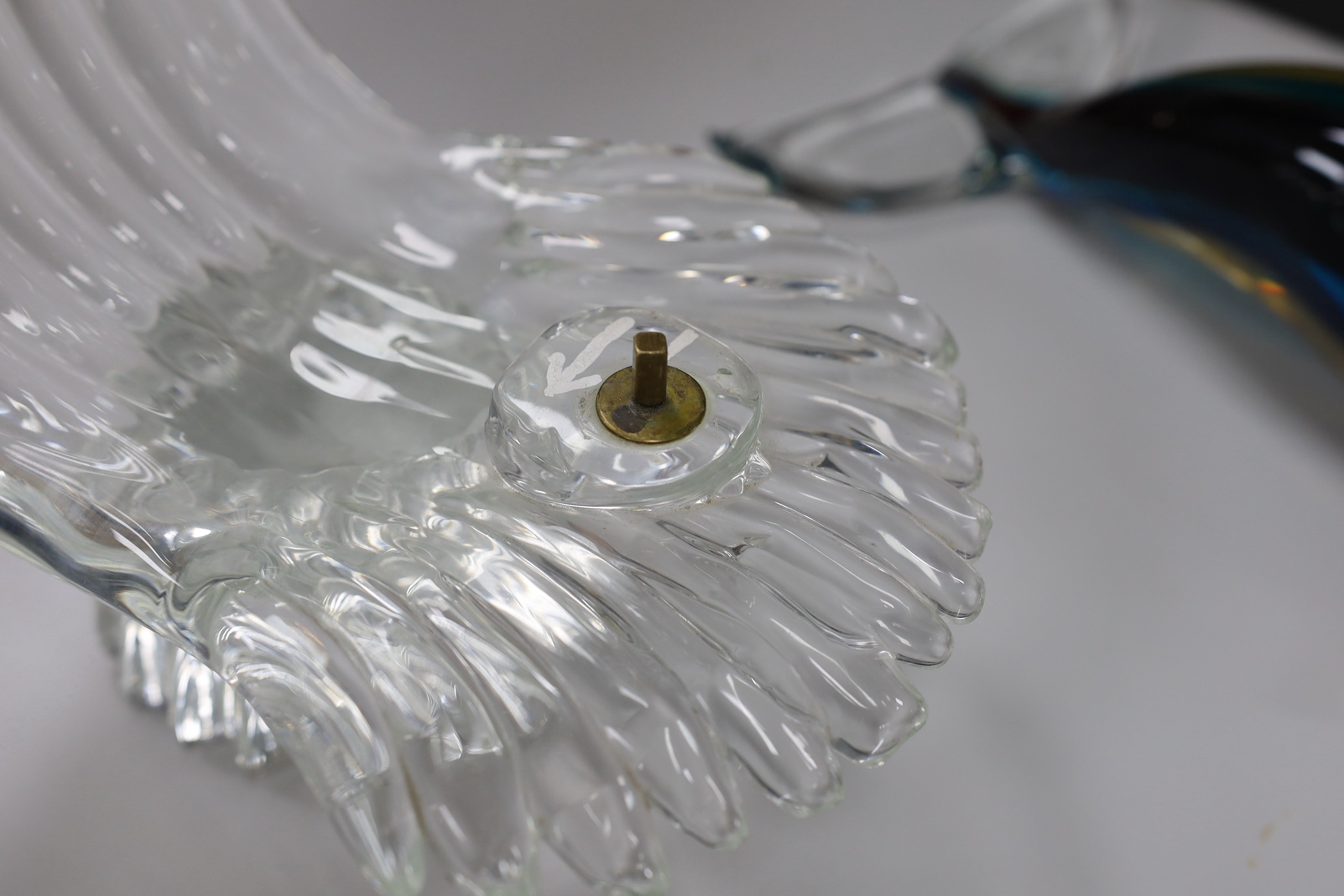 A large Murano Sommerso glass double Dolphin sculpture by Oscar Zanetti, engraved signature and paper label, minor faults to one dolphin, 61cm high